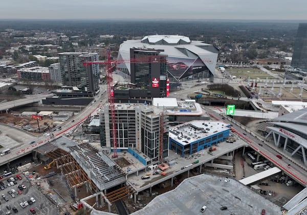 An aerial photograph shows construction of Centennial Yards on Thursday, Dec. 4, 2025, in Atlanta. (Hyosub Shin/AJC)