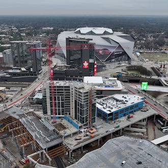 Aerial photograph shows construction of Centennial Yards in downtown Atlanta on Thursday, Dec. 4, 2025. (Hyosub Shin/AJC)