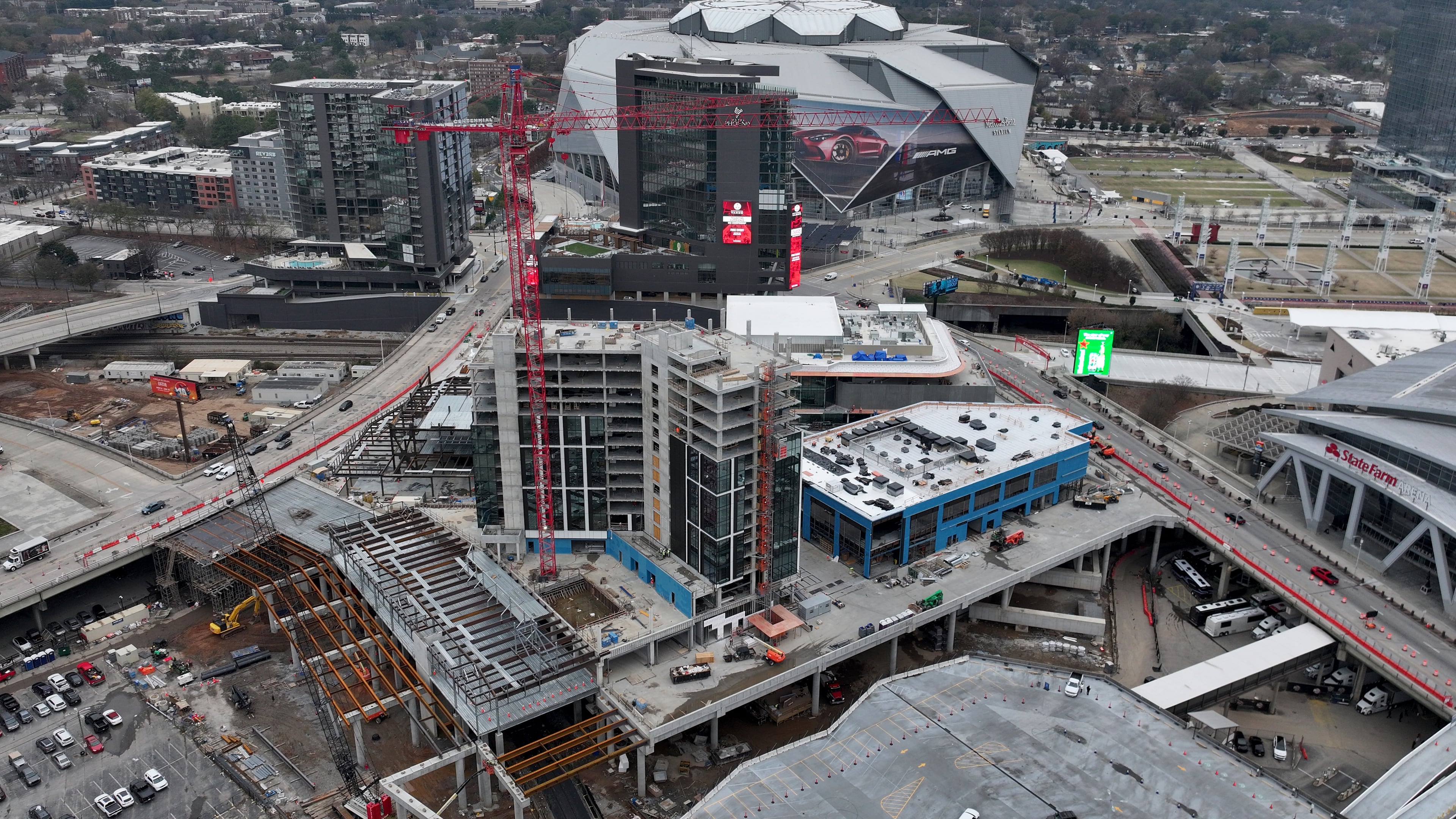 Aerial photograph shows construction of Centennial Yards in downtown Atlanta on Thursday, Dec. 4, 2025. (Hyosub Shin/AJC)