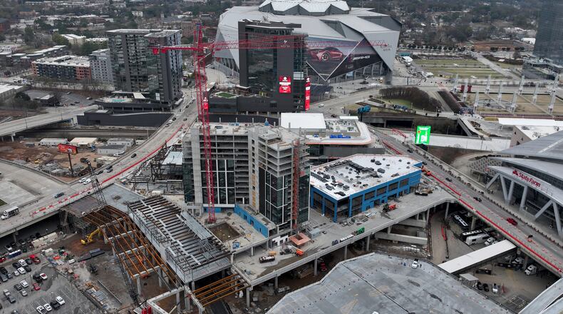 Aerial photograph shows construction of Centennial Yards in downtown Atlanta on Thursday, Dec. 4, 2025. (Hyosub Shin/AJC)