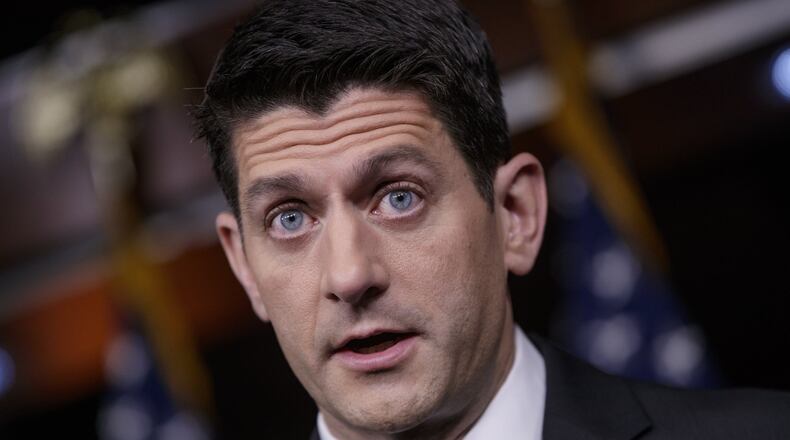 FILE- In this Feb. 16, 2017, file photo, House Speaker Paul Ryan of Wis. meets with reporters on Capitol Hill in Washington. Beneath the capital’s radar looms a catchall spending package that’s likely to top $1 trillion. It could get embroiled in the politics of building Trump’s wall at the U.S.-Mexico border and a budget-busting Pentagon request. (AP Photo/J. Scott Applewhite, File)