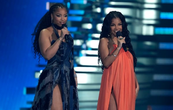 Chloe Bailey (left) and Halle Bailey introduce a performance by Maneskin during the MTV Video Music Awards on Tuesday, Sept. 12, 2023, at the Prudential Center in Newark, N.J. (Photo by Charles Sykes/Invision/AP)