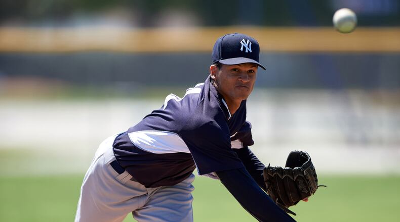 New York Yankees Anyelo Gomez (31) during a minor league Spring Training game against the Toronto Blue Jays on March 22, 2016 at Englebert Complex in Dunedin, Florida. (Mike Janes/Four Seam Images via AP)