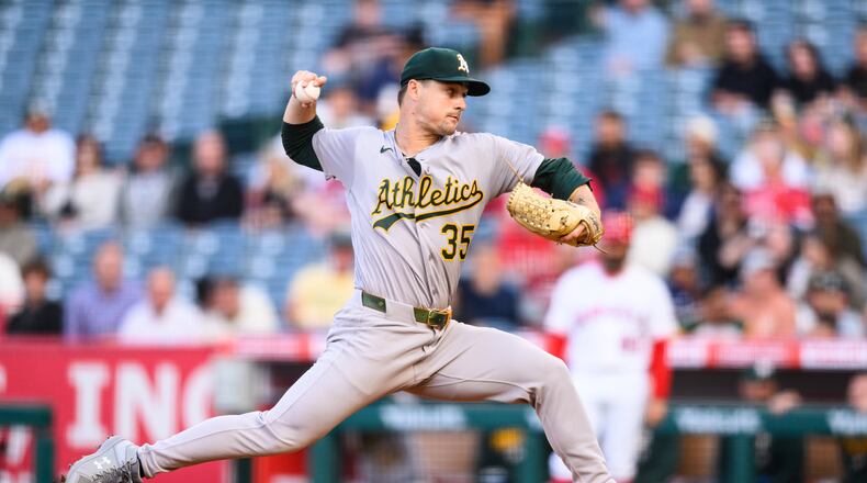 Athletics pitcher J.T. Ginn delivers during the first inning of a baseball game against the Los Angeles Angels, Monday, May 18, 2026, in Anaheim, Calif. (AP Photo/William Liang)