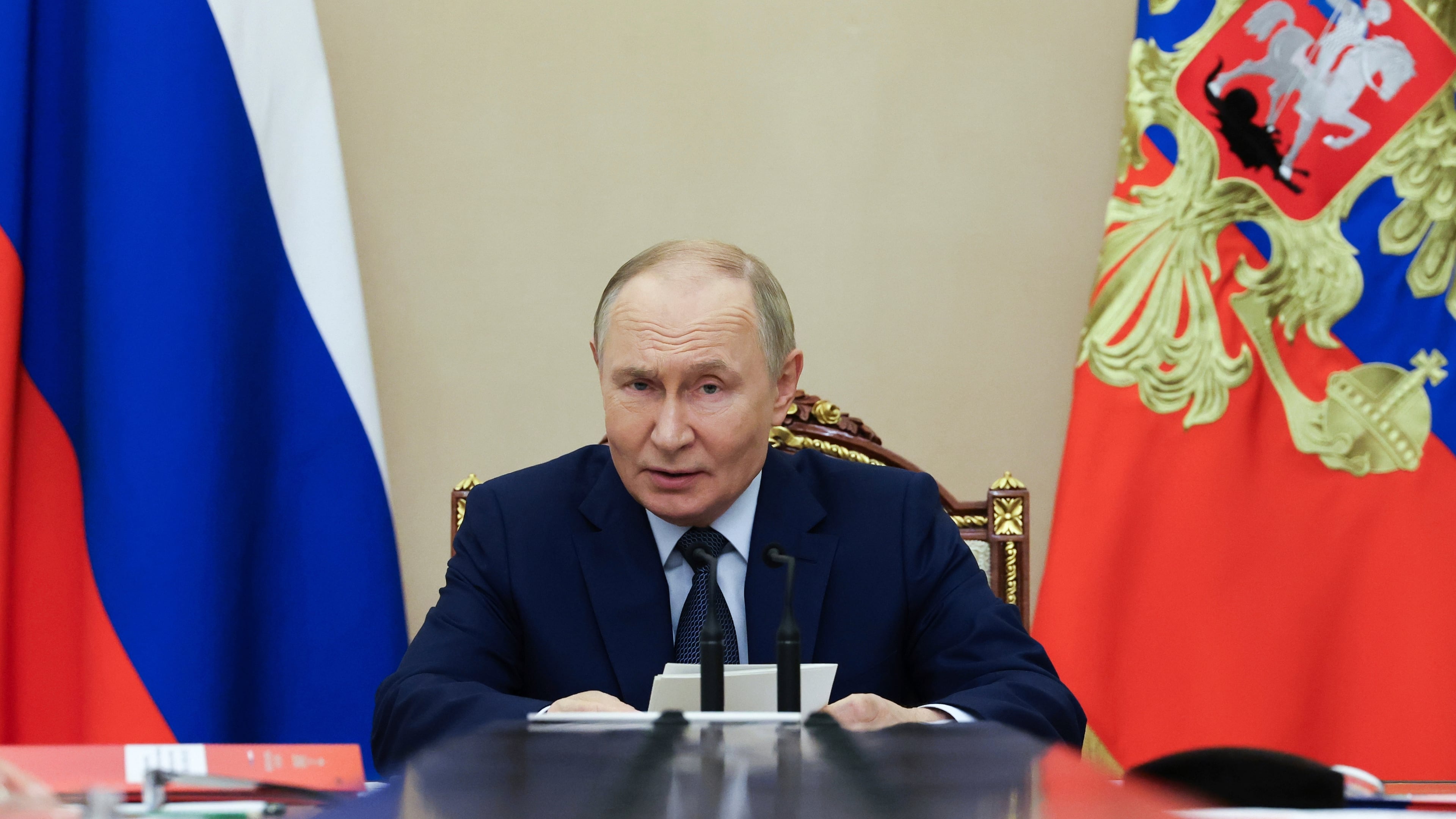 Russian President Vladimir Putin chairs a Security Council meeting at the Kremlin in Russia, Monday, Sept. 22, 2025. (Alexander Kazakov, Sputnik, Kremlin Pool Photo via AP)