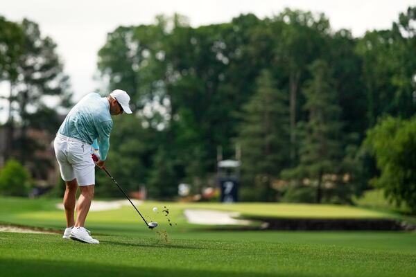 Sergio Garcia, of Spain, hits from the fairway on the seventh hole during a practice round for the PGA Championship golf tournament at the Quail Hollow Club, Tuesday, May 13, 2025, in Charlotte, N.C. (AP Photo/George Walker IV)
