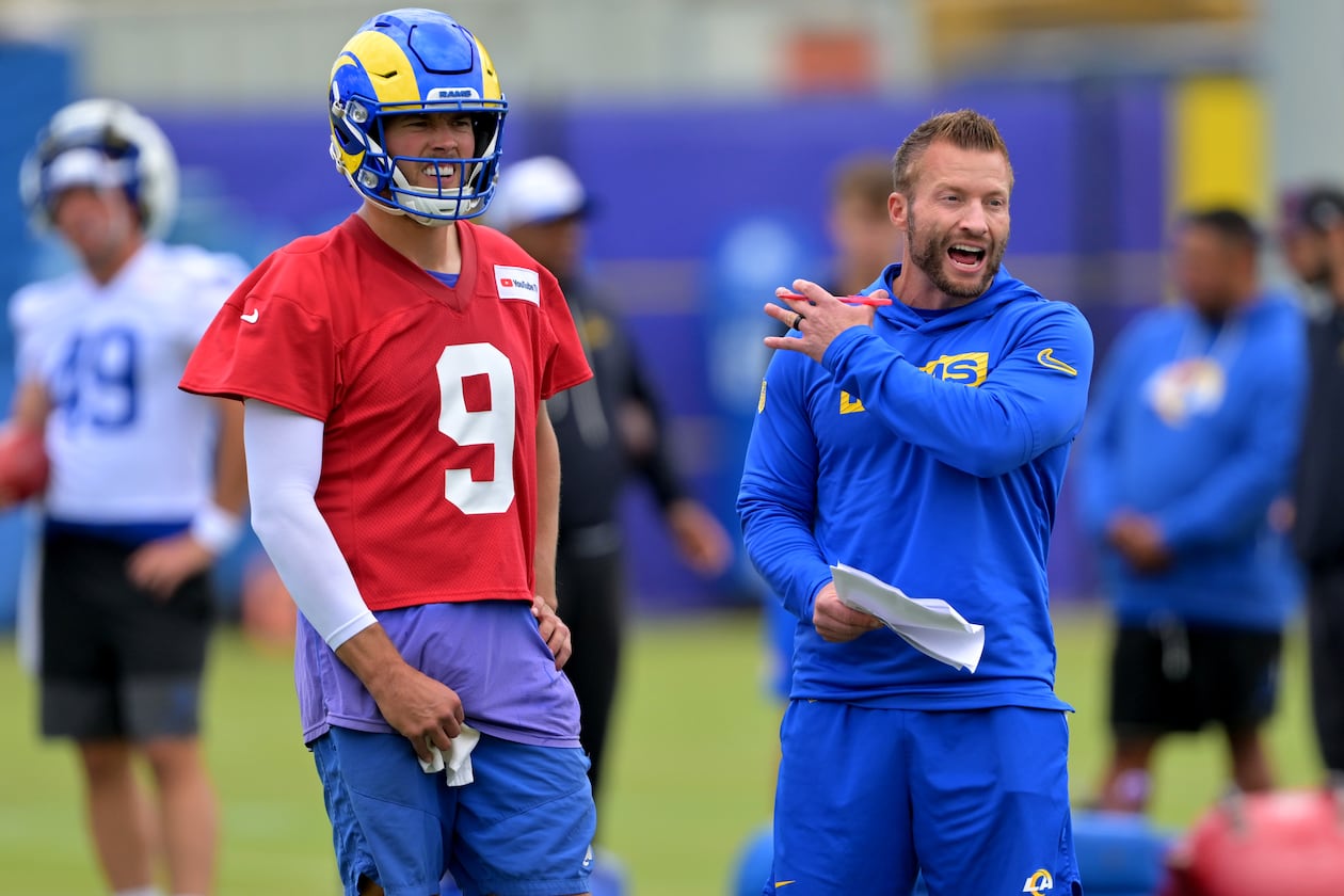 Los Angeles Rams quarterback Matthew Stafford and head coach Sean McVay discuss a play during the NFL football team's practice Thursday, May 28, 2026, in Los Angeles. (Jayne Kamin-Oncea/AP)