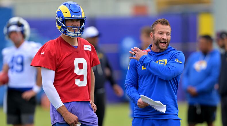 Los Angeles Rams quarterback Matthew Stafford and head coach Sean McVay discuss a play during the NFL football team's practice Thursday, May 28, 2026, in Los Angeles. (Jayne Kamin-Oncea/AP)