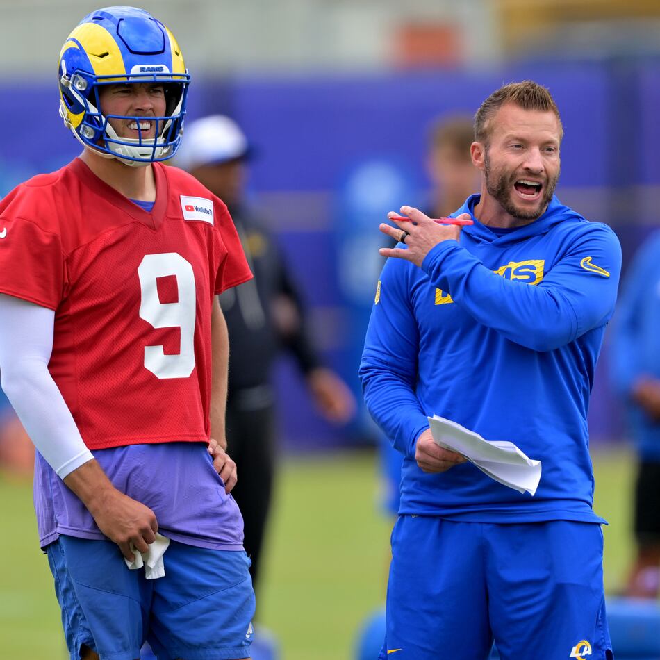 Los Angeles Rams quarterback Matthew Stafford and head coach Sean McVay discuss a play during the NFL football team's practice Thursday, May 28, 2026, in Los Angeles. (Jayne Kamin-Oncea/AP)