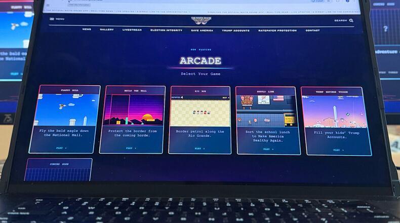 A White House website featuring arcade games is photographed on a computer screen Thursday, Sept. 3, 2026. (AP Photo/Jon Elswick)