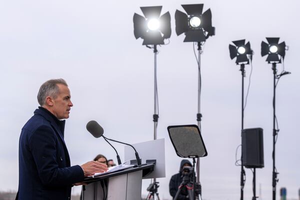 Liberal Leader Mark Carney speaks at a campaign event at the Port of Montreal on Friday March 28, 2025. (Frank Gunn/The Canadian Press via AP)