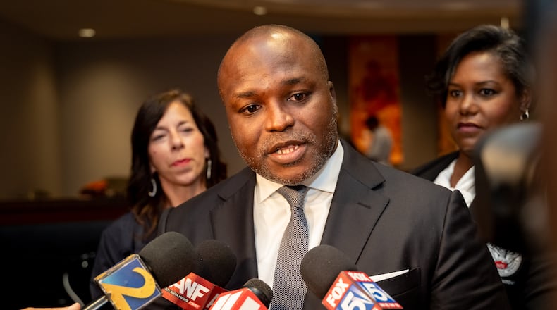 Bryan Johnson speaks to the media following his unanimous approval to be Atlanta Public Schools superintendent on Monday, July 8th, 2024. (Ben Hendren for The Atlanta Journal-Constitution)