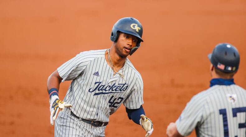 Georgia Tech's Justyn-Henry Malloy rounds third after hitting a three-run home run during a game against Georgia at Foley Field in Athens, Ga., on Tuesday, April 27, 2021. (Photo by Tony Walsh/UGA)