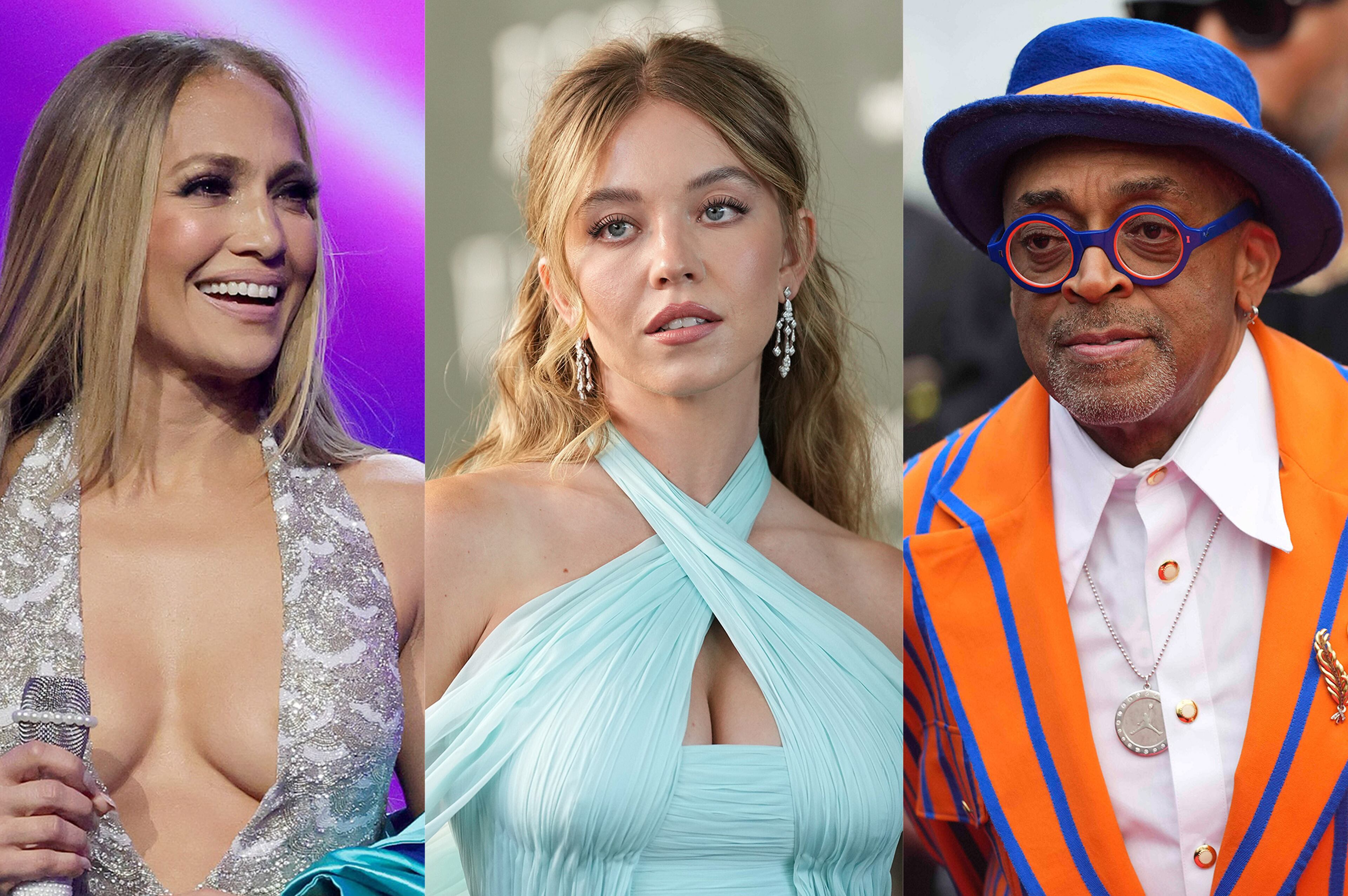 Among the honorees at the 2025 SCAD Savannah Film Festival are Jennifer Lopez (from left), pictured hosting the 2025 American Music Awards at BleauLive Theater at Fontainebleau Las Vegas; Sydney Sweeney, seen at the premiere of the film "Echo Valley" in London; and director Spike Lee, shown at the premiere of the film "Highest 2 Lowest" at Cannes. (File photo/AP and Getty).
