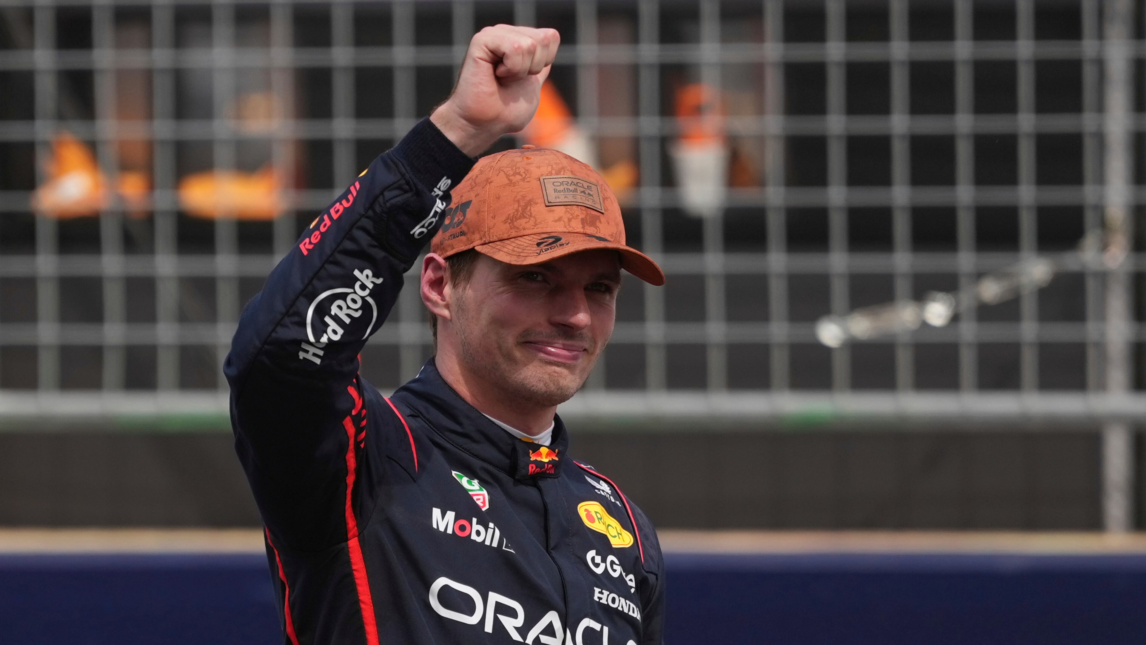 Red Bull driver Max Verstappen of the Netherlands celebrates after winning the sprint race at the Formula One U.S. Grand Prix auto racing in Austin, Texas, Saturday, Oct. 18, 2025.(AP Photo/Eric Gay)