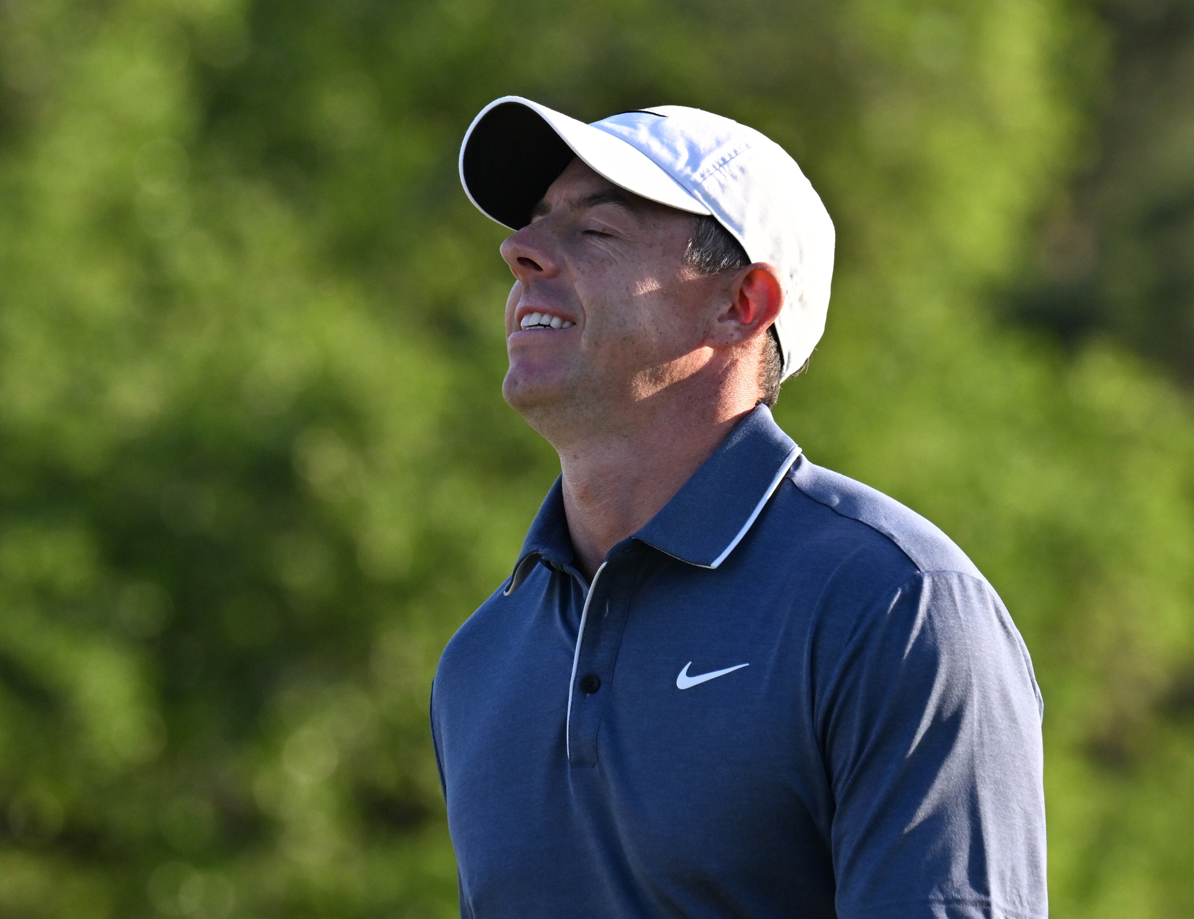Rory McIlroy reacts to bogey putt on 18th hole during final round of the Masters golf tournament, at Augusta National Golf Club, Sunday, April 13, 2025, in Augusta, Ga. (Hyosub Shin / AJC)