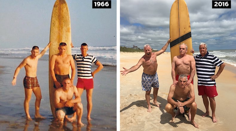 In May 1966 four young Marines posed on a California beach before crossing the ocean to Vietnam. They are: (L-R) Dennis Puleo, Tom Hanks, Bob Falk and Bob DeVenezia (kneeling). Last weekend they recreated the shot at another beach, almost exactly 50 years later.