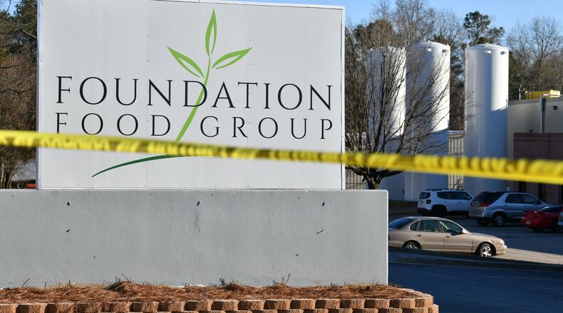 January 28, 2021 Gainesville - Foundation Food Group where six people were killed and several others were injured Thursday after a liquid nitrogen line ruptured in Gainesville on Thursday, January 28, 2021. Multiple agencies responded to the incident, which happened at a Foundation Food Group poultry plant on Memorial Park Drive at 10:12 a.m., Hall County Fire Services spokesman Zach Brackett said during a news conference. When crews arrived at the scene about 10:20 a.m., they determined the incident involved hazardous materials and called in a hazmat team.(Hyosub Shin / Hyosub.Shin@ajc.com)
