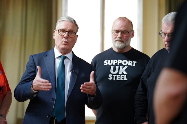 Britain's Prime Minister Keir Starmer speaks during a visit to meet British Steel workers in Appleby Village Hall near Scunthorpe, Lincolnshire, Saturday April 12, 2025. (Peter Byrne/Pool Photo via AP)