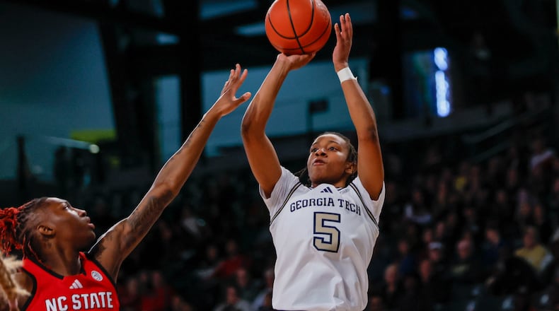 Georgia Tech Yellow Jackets guard Tonie Morgan (5) prepares a shot during the second half against NC State Wolfpack at McCamish Pavilion on Thursday, February 20, 2025, in Atlanta.
(Miguel Martinez/ AJC)