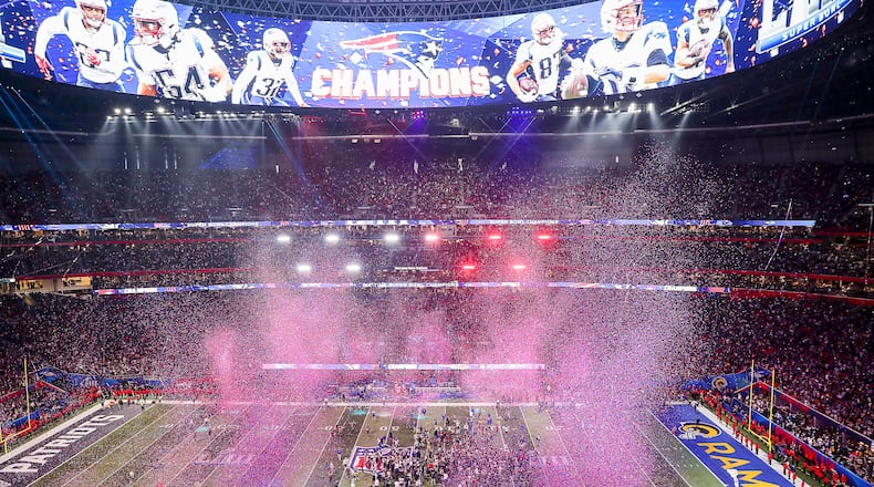 Confetti falls  in Mercedes-Benz Stadium after the the New England Patriots beat the Los Angeles Rams in the Super Bowl on Feb. 3.
