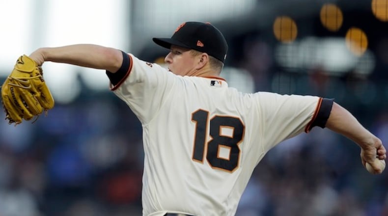 San Francisco Giants pitcher Matt Cain works against the Los Angeles Dodgers in the first inning of a baseball game Monday, May 15, 2017, in San Francisco. (AP Photo/Ben Margot)