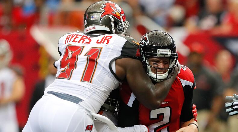 Tampa Bay's Robert Ayers sacks Falcons quarterback Matt Ryan Sept. 11, 2016, in Atlanta.
