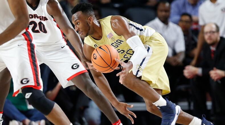 Georgia Tech guard Josh Okogie (5) drives towards the basket during the first half of an NCAA basketball game against Georgia, Tuesday, Dec. 19, 2017 in Athens, Ga. (Joshua L. Jones/Athens Banner-Herald via AP)
