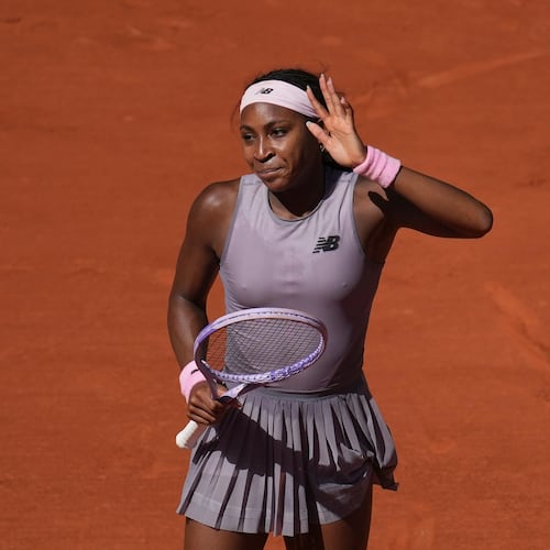 Coco Gauff of the U.S. celebrates after winning against Taylor Townsend of the U.S. during their first round women's singles tennis match at the French Open tennis tournament in Paris, Tuesday, May 26, 2026. (AP Photo/Christophe Ena)
