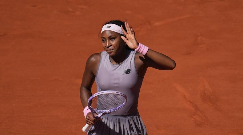 Coco Gauff of the U.S. celebrates after winning against Taylor Townsend of the U.S. during their first round women's singles tennis match at the French Open tennis tournament in Paris, Tuesday, May 26, 2026. (AP Photo/Christophe Ena)