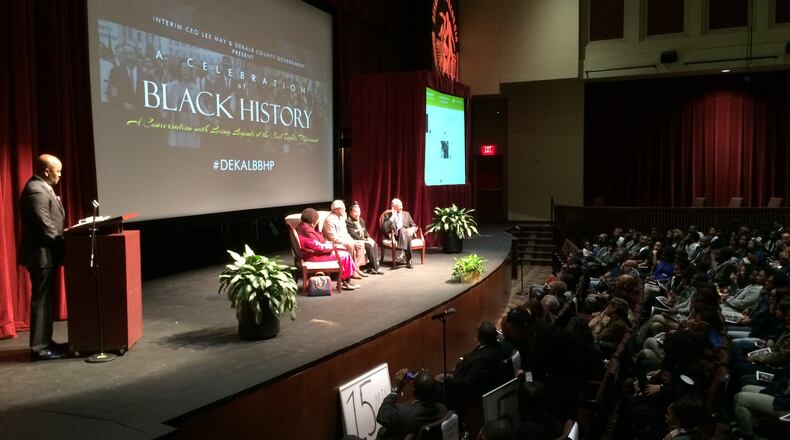 More than 400 DeKalb County students heard from civil rights leaders at the Porter Sanford III Performing Arts & Community Center on Monday. Ryan Cameron of V-103 moderated the event, whose panelists were Rita Samuels, J.T. Johnson, Xernona Clayton and C.T. Vivian. MARK NIESSE / MARK.NIESSE@AJC.COM