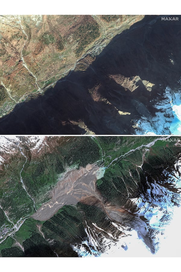 This combo shows the village of Blatten, in Switzerland, on Nov. 3, 2024, top, and on Thursday, May 29, 2025, bottom, after suffering a mudslide. (Maxar Technologies via AP)