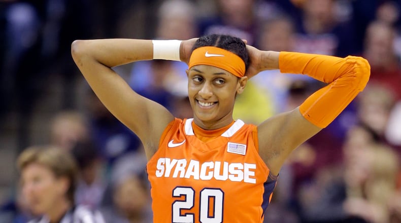 Syracuse's Brittney Sykes (20) reacts after getting called for a foul during the first half of the championship game against Connecticut, at the women's Final Four in the NCAA college basketball tournament Tuesday, April 5, 2016, in Indianapolis. (AP Photo/Michael Conroy)