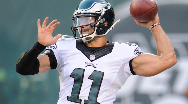 FILE - In this Sept. 3, 2015, file photo, Philadelphia Eagles quarterback Tim Tebow throws a pass before a preseason NFL football game against the New York Jets in East Rutherford, N.J. Two people familiar with the move say the Eagles released Tebow. Both sources spoke on condition of anonymity, Saturday, Sept. 5, 2015, because the team hasn't announced the decision.(AP Photo/Bill Kostroun, FIle)