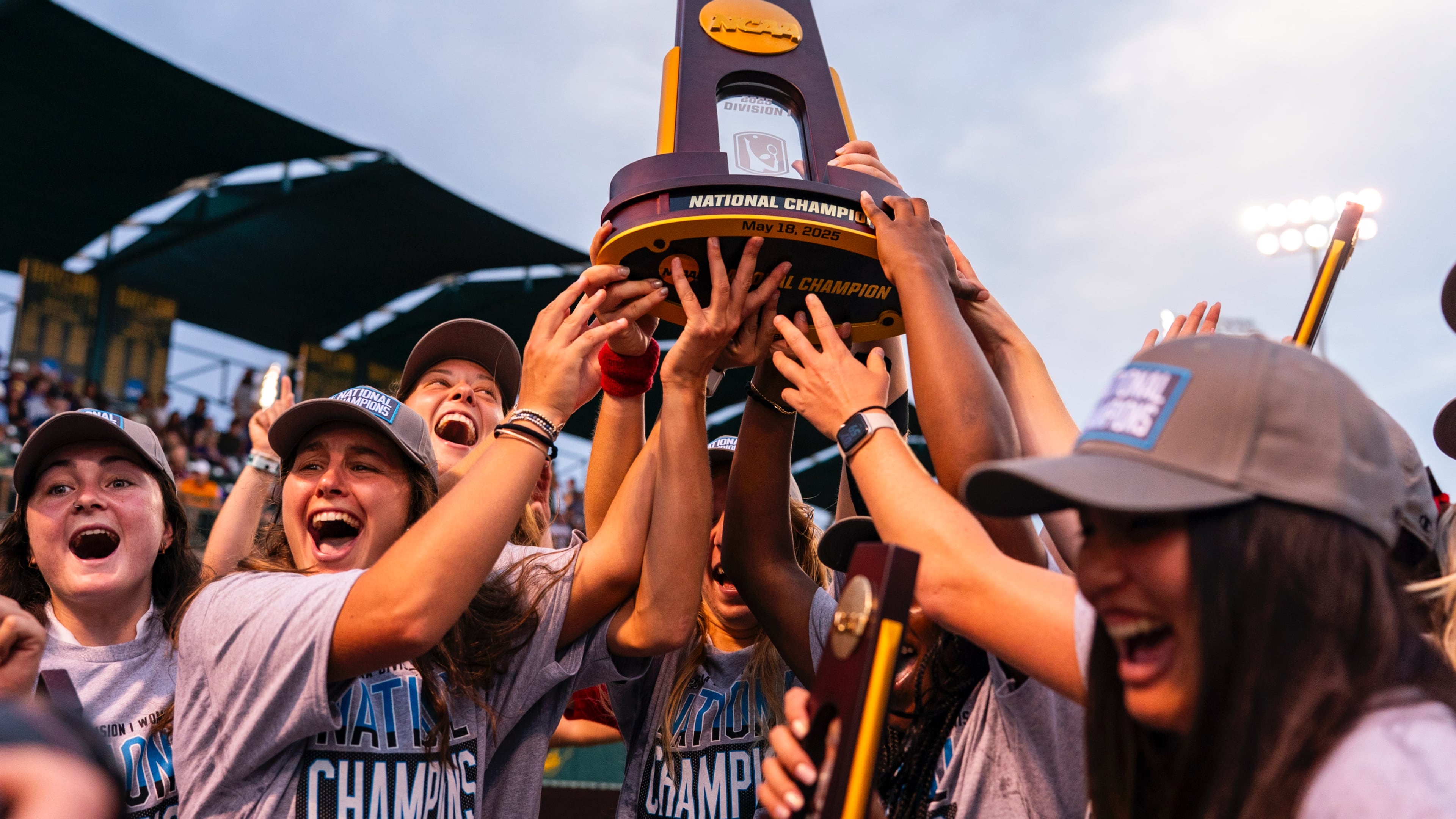 Members of the Georgia women's tennis team celebrate their win over Texas A&M, and their NCAA championship, in Waco, Texas, May 18, 2025. (Courtesy of UGAAA)