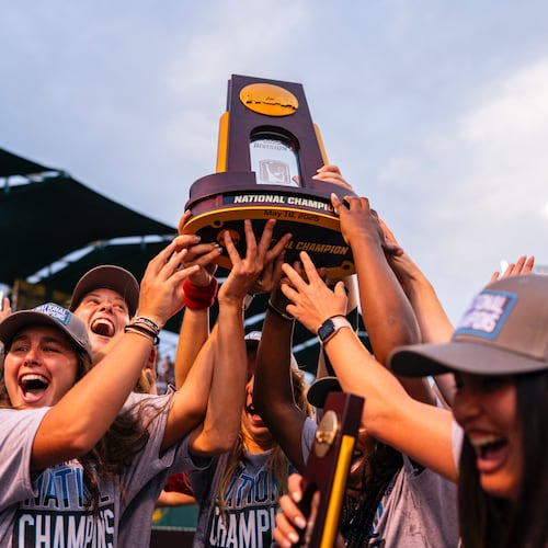 Members of the Georgia women's tennis team celebrate their win over Texas A&M, and their NCAA championship, in Waco, Texas, May 18, 2025. (Courtesy of UGAAA)