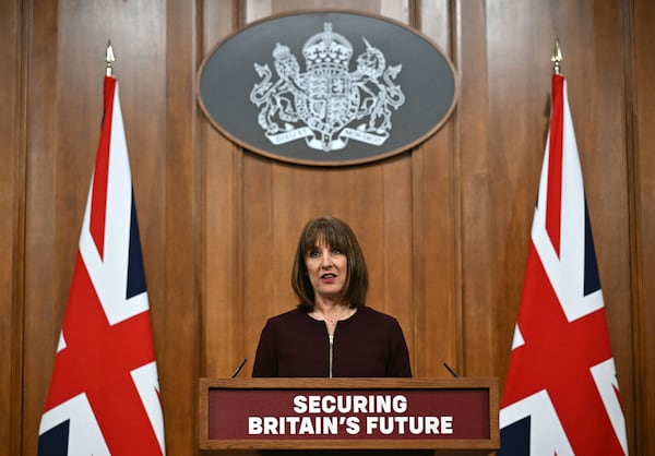 Britain's Chancellor of the Exchequer Rachel Reeves speaks during a press conference in the Downing Street Briefing Room in Downing Street, London, England, Wednesday, March 26, 2025. (Ben Stansall/Pool Photo via AP)