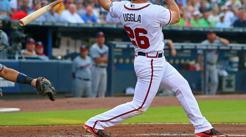 Atlanta's Dan Uggla hits a three-run homer for an early 4-0 lead over the Twins in the first inning.
