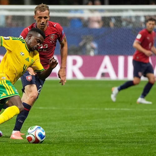 South Africa’s Teboho Mokoena (left) drives the ball past Czechia’s Tomas Soucek during their World Cup match on Thursday, June 18, 2026, in Atlanta. (Mike Stewart/AP)