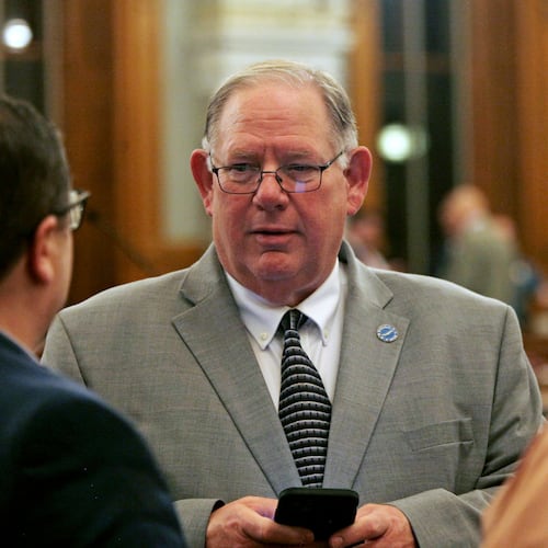 FILE - Kansas House Speaker Dan Hawkins, R-Wichita, speaks to fellow House members and staffers before a House debate April 30, 2024 at the Statehouse in Topeka, Kan. (AP Photo/John Hanna, File)