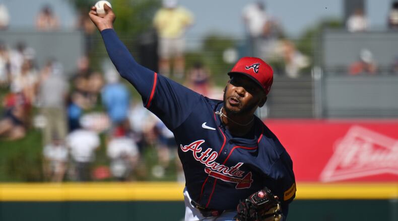 Atlanta Braves starting pitcher Darius Vines (61) throws a pitch during the fourth inning of Atlanta Braves’ home opener spring training baseball game at CoolToday Park, Sunday, Feb. 25, 2024, in North Port, Florida. (Hyosub Shin / Hyosub.Shin@ajc.com)