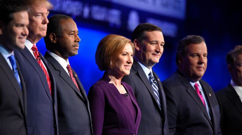 Republican presidential candidates, from left, Marco Rubio, Donald Trump, Ben Carson, Carly Fiorina, Ted Cruz, and Chris Christie take the stage during the CNBC Republican presidential debate at the University of Colorado, Wednesday, Oct. 28, 2015, in Boulder, Colo. (AP Photo/Mark J. Terrill)