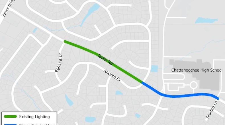 Johns Creek will expand the pedestrian lighting on Taylor Road from Anclote Drive across the front of Chattahoochee High School to Starfire Lane. The blue line on the map denotes the second phase / expansion. This second phase expansion is anticipated to improve pedestrian visibility and safety along this corridor. COURTESY CITY OF JOHNS CREEK