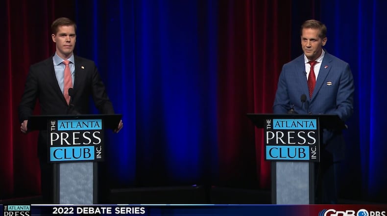 Attorney Jake Evans (left) and emergency room physician Rich McCormick participate in the Atlanta Press Club debate ahead of the Republican runoff in Georgia's 6th Congressional District. Screenshot of Georgia Public Broadcasting livestream.