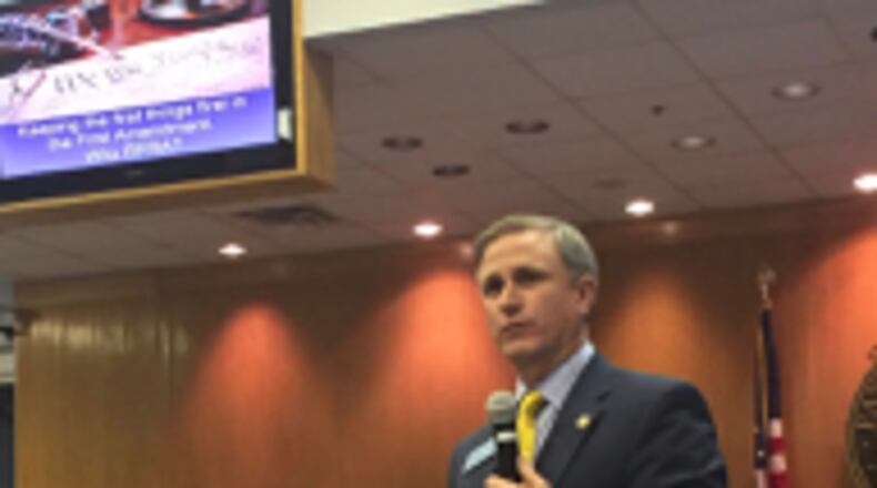 State Sen. Marty Harbin, R-Tyrone, addressed the Fayette County Board of Commissioners on Jan. 11 regarding the “religious liberty” bill he is sponsoring in the Georgia legislature. Jill Howard Church for the AJC
