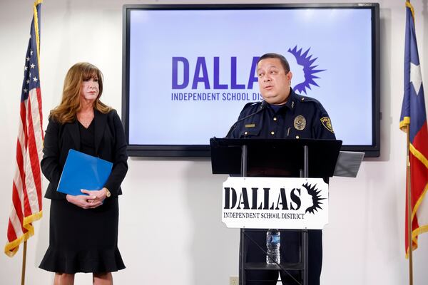 Dallas Independent School District Superintendent Stephanie Elizalde, left, and DISD Chief of Police Albert Martinez speaks during a news conference about the Wilmer-Hutchins High School shooting, Thursday, April 17, 2025, in Dallas. (Tom Fox/The Dallas Morning News via AP)