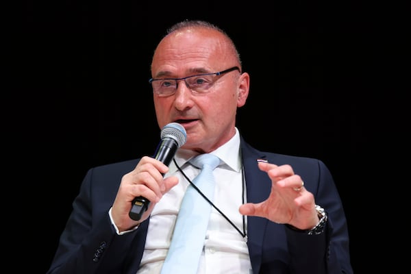 Minister of Foreign and European Affairs of Croatia Gordan Grlic-Radman speaks during a panel discussion at the NATO Parliamentary Assembly in Dayton, Ohio, Friday, May 23, 2025. (AP Photo/Paul Vernon)