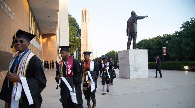 Graduates line up before the start of the Morehouse College graduation ceremony in Atlanta, Sunday, May 19, 2019. STEVE SCHAEFER / SPECIAL TO THE AJC