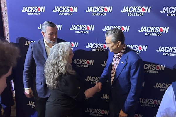 Rick Jackson (right), a Republican candidate for governor, campaigns with U.S. Sen. Ted Cruz, R-Texas, in Alpharetta on Monday. (Bill Barrow/AP)