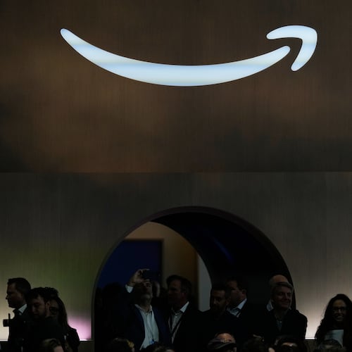 FILE - An Amazon logo is seen at an Amazon event in New York, Tuesday, Sept. 30, 2025. (AP Photo/Seth Wenig, File)